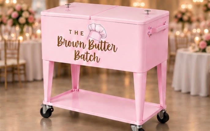 Pink Brown Butter Batch cookie cart at a decorated event venue